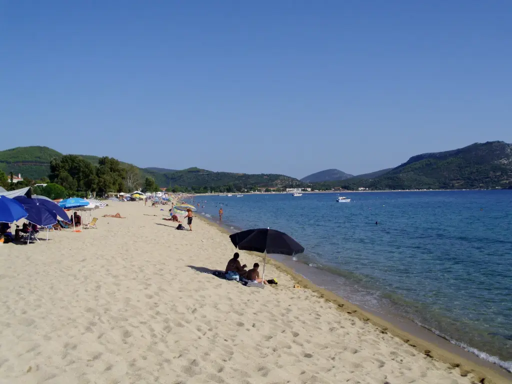 The long sand beach of Toroni in August, umbrellas along it and the headland hill in the distance